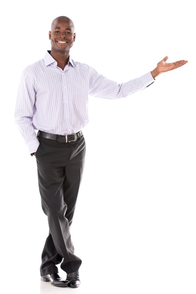 Welcoming business man looking happy - isolated over white background-2