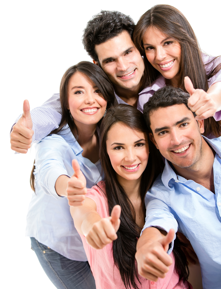 Group of friends with thumbs up - isolated over white
